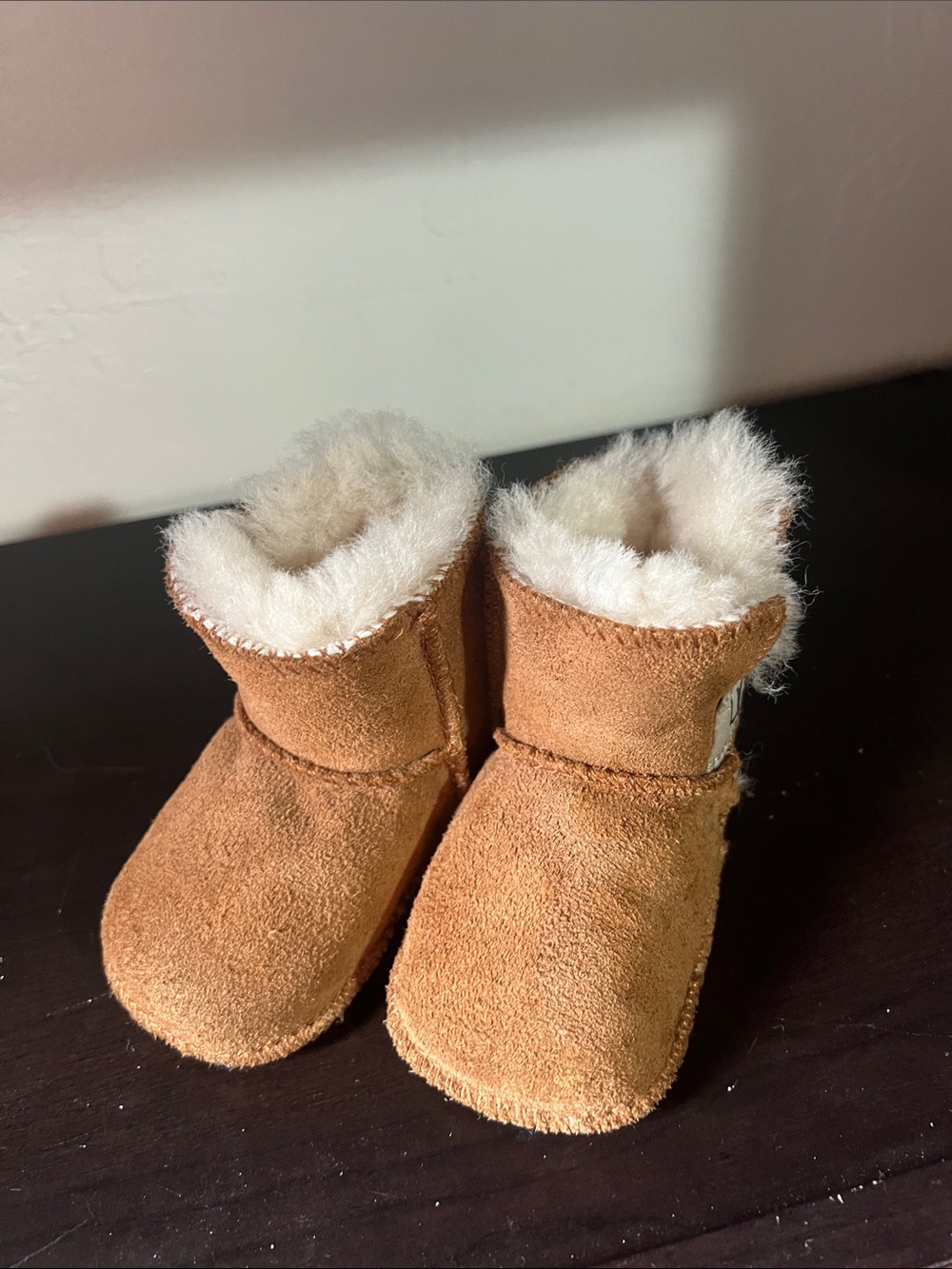 UGG Chestnut Suede Baby Booties with Shearling Trim - Picture 6 of 8